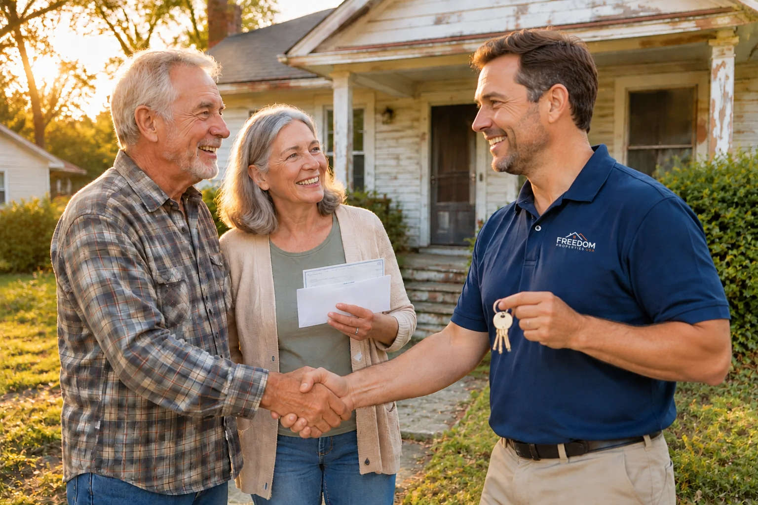 Illustration: homeowners shake hands with a Freedom Properties USA representative holding their house keys, while one holds an envelope with a check